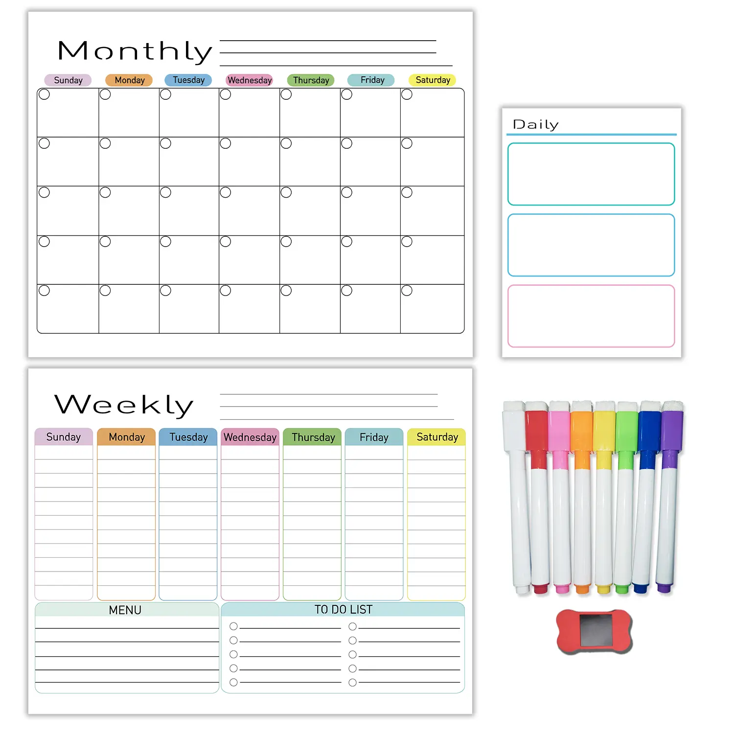 Dry Erase Boards Set - 3 Magnetic Boards for Refrigerator, Monthly, Weekly Organizer & Daily Notepad, Wall & Fridge Family Boards Include 8 marker magnetic calendar Planning Board