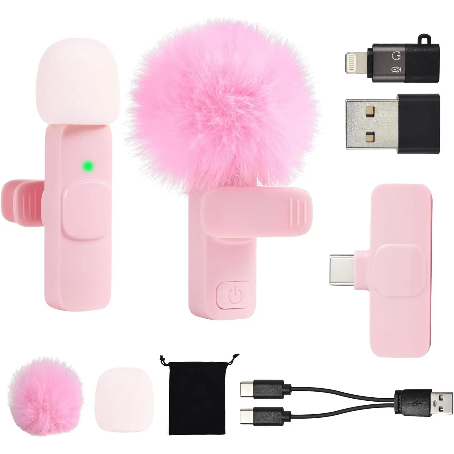 X-KPK02 Portable Fluffy Pink Wireless Lavalier Microphone - Chargeable, USB-C Cable, USB Type A Compatibility, Noise Reduction, Receiver, Lightning Audio Support for Android Phones, iPhone, Tablet, iPad, Computer - Video Recording, Vlogging