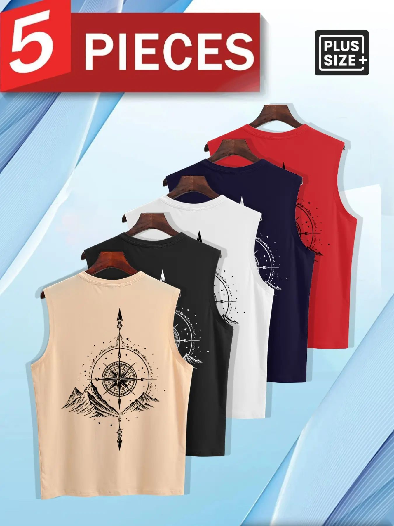 Plus Size 5pcs Men's Plus Size Compass Mountain Graphic Sleeveless Tank Top Pack, Knit Tank Tops, Casual Loose Fit Crew Neck Vest, Multiple Patterns Available, Trendy Basic Tops for Summer Beach, Street Style & Daily Lounge