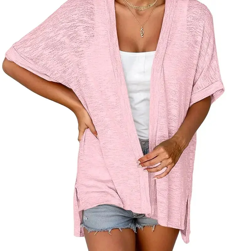 Women's 2026 Summer See-Through Light Oversized Drape Cowl Knit Cardigan - Short-Sleeve, Open-Front, Easy Fit, Multi-Size Bikini Coverup - Casual, Minimalist Basic Pairs with Tanks or Tees