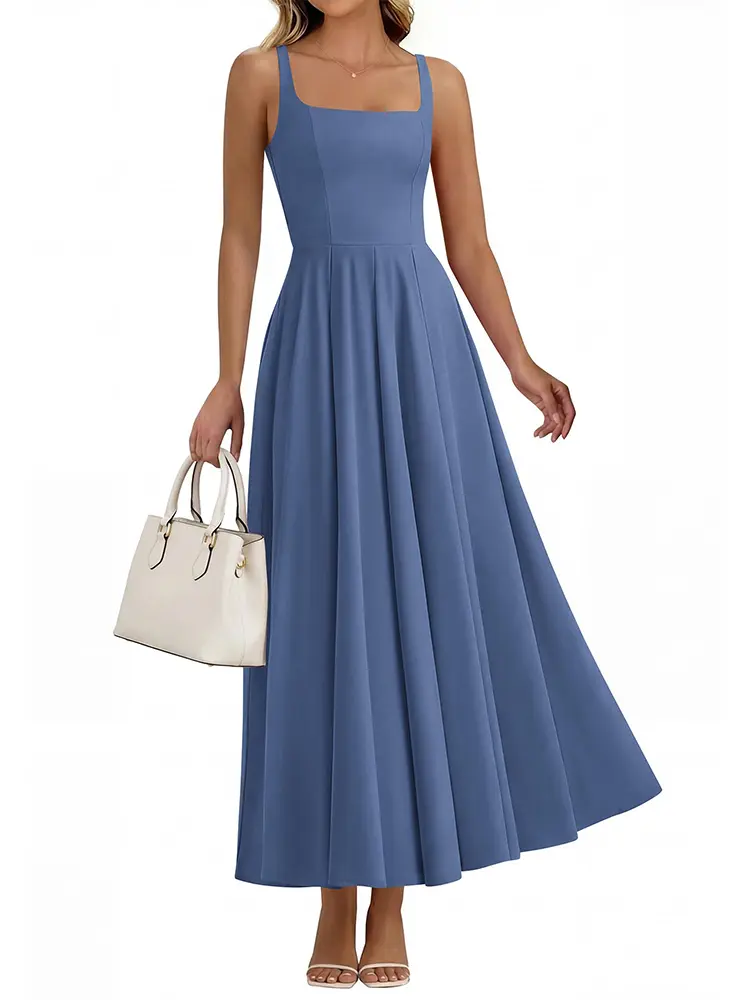 BTFBM Women Summer Square Neck Maxi Dress Spring 2026 Elegant Classy Sleeveless Formal Wedding Guest Cocktail Dresses #Clearance