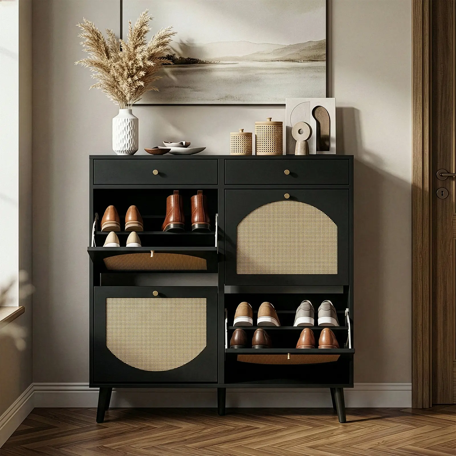Shoe Rack Storage Organizer, Rattan-Panel 2-Drawer 4-Tilt-Out Shoe Storage Cabinet, Hidden Shoe Storage for Entryway,Ideal for Heels,Slippers,Casual Shoes,Black
