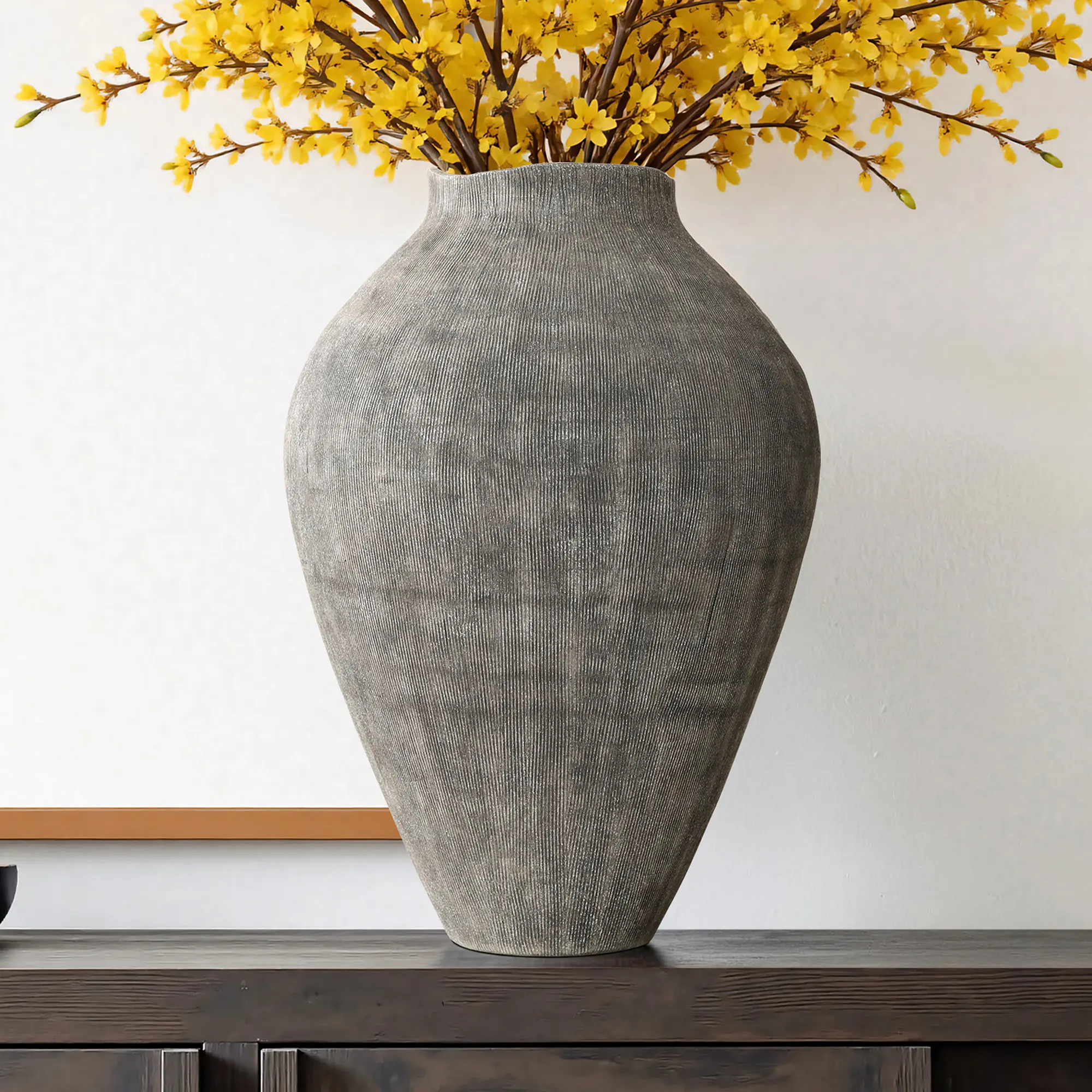 16" Weathered Charcoal Tall Ribbed Terracotta Vase