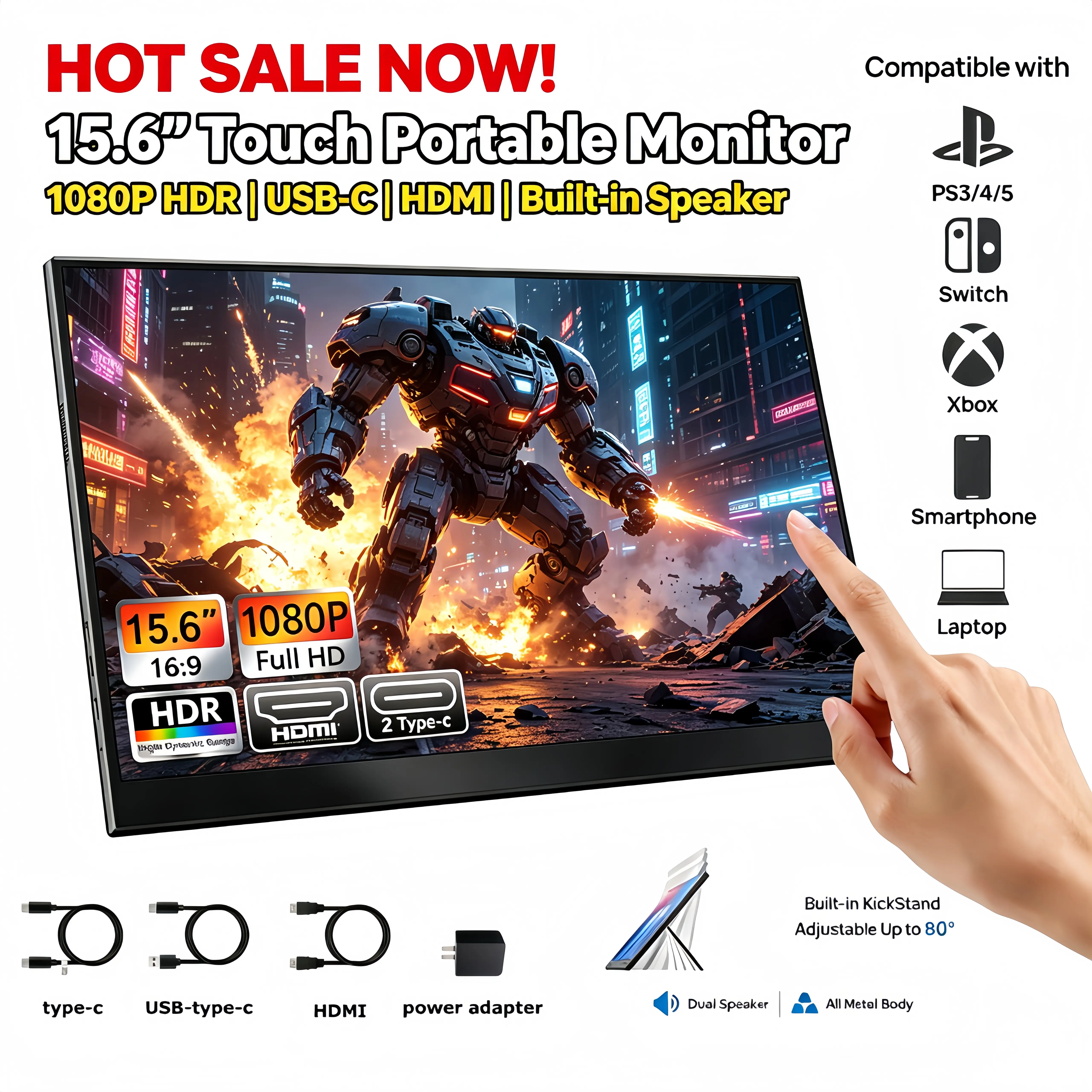 15.6"/21.5" Portable Gaming Monitor, 1080P FHD Touchscreen, 144Hz/60Hz, 100% sRGB, Built-in Stand & Speakers, External Second Screen for PS5, Xbox, Laptop & PC