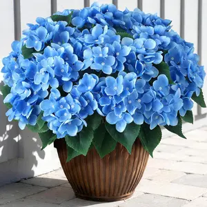 8 Bundles Artificial Hydrangea Flowers for, Realistic Faux Silk Bouquets Sun-Resistant Fake Plants for Front Door Balcony Farmhouse Home Summer (Blue)