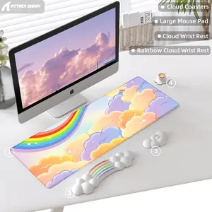 ATTACK SHARK 4 in 1 Cloud Gaming Mouse Pad Wrist Support Keyboard Wrist Rest Set with Ergonomic Memory Foam,Non-Slip Base,Cloud Coasters for Home,Office,Laptop,Desktop Computer,Desktop Accessory,Easy Typing Pain Relief