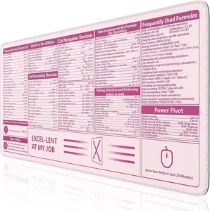 Excel Cheat Sheet Desk Pad, Excel Mouse Pad Shortcuts, Excel Shortcuts Cheat Sheet Keyboard Mat, Extended Large Non-Slip Mousepad with Stitched Edges for Computer (Pink Excel Shortcuts)