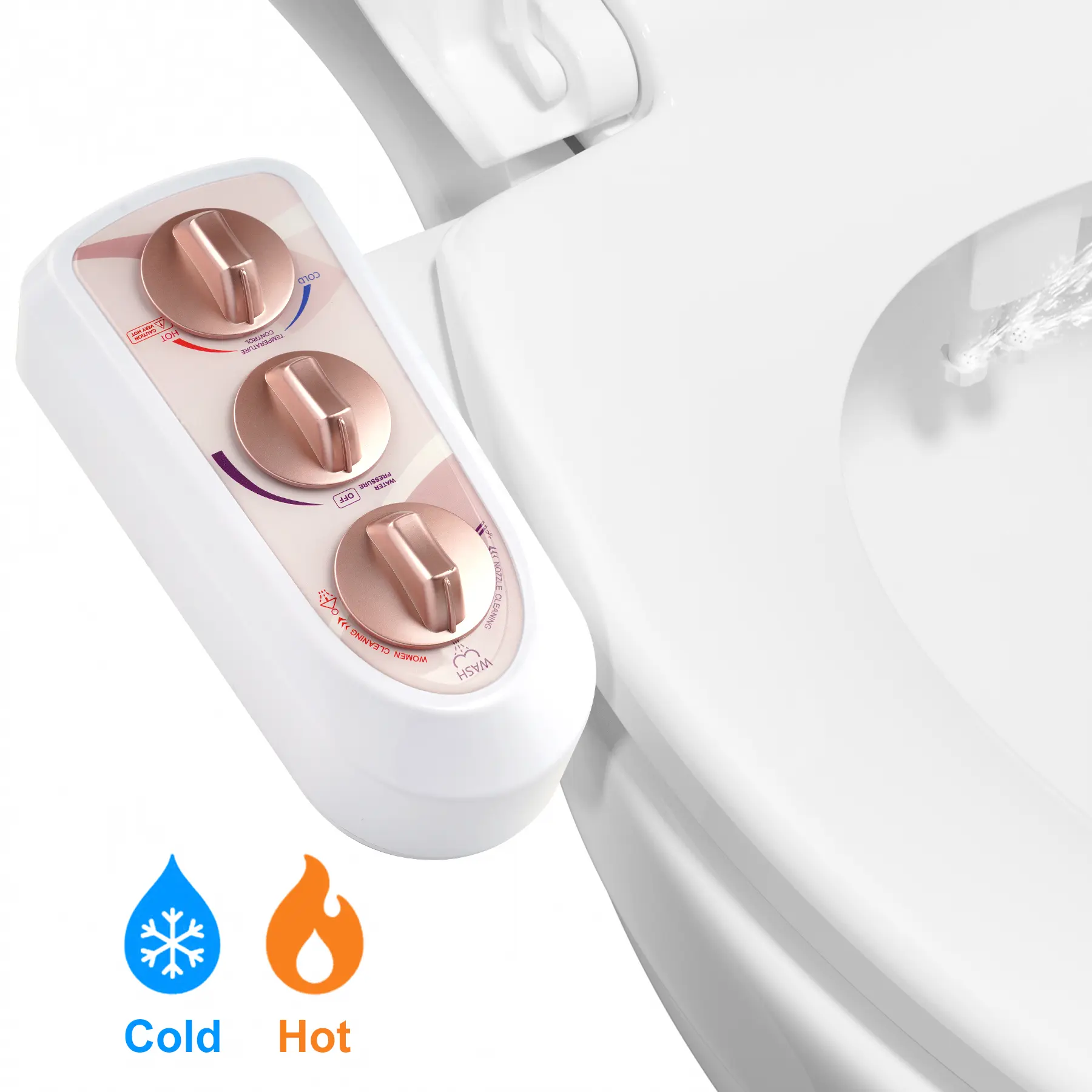 Hibbent Manual Non-Electric Mechanical Toilet Bidet Attachment, Bathroom Bidet Sprayer with Self-Cleaning Dual Nozzle, Hot/Cold Water for Hygiene, Rose Gold Finish, Water-Spraying & Attachment Parts