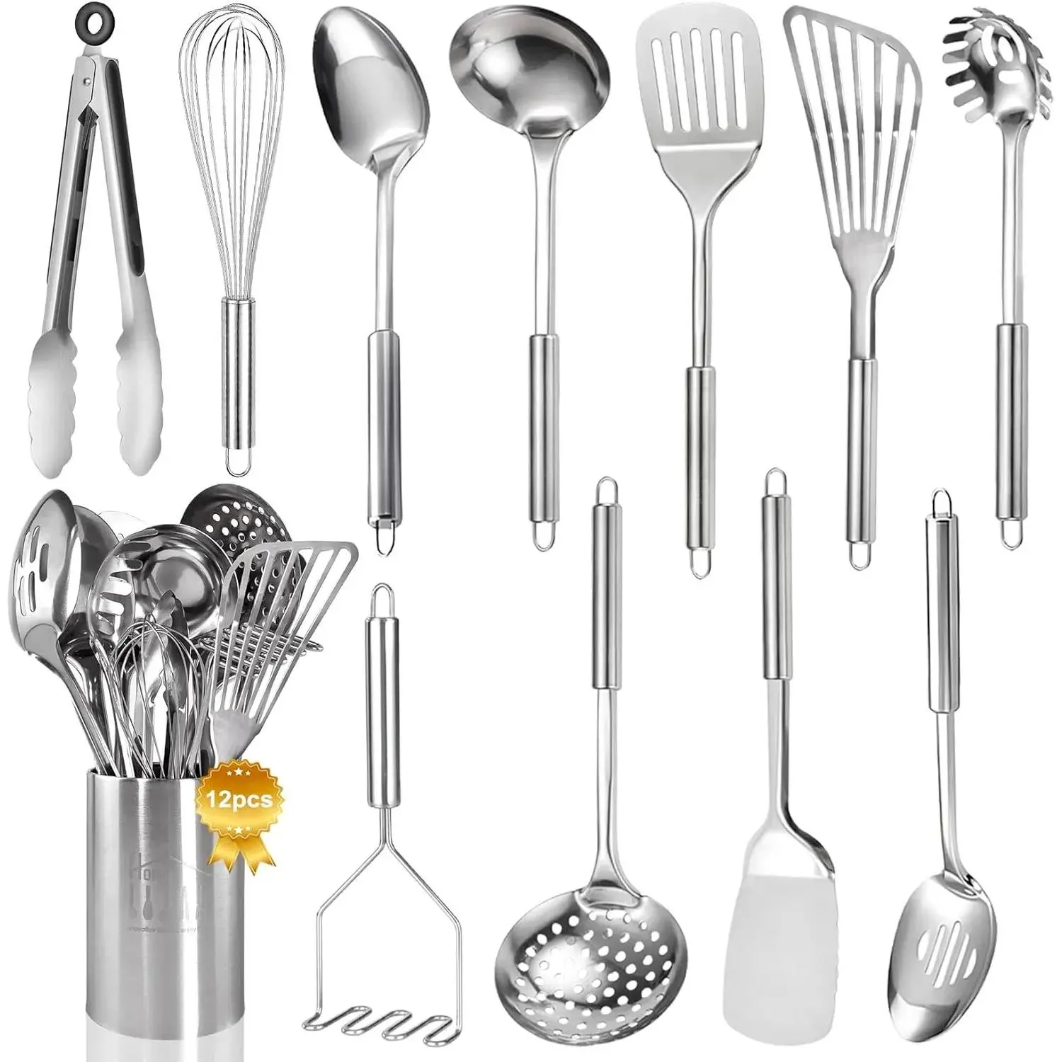 Stainless Steel Kitchen Utensils Set - 12Pcs Cooking Utensils Set with Holder, Metal Spatula Set Heat Resistant Kitchen Tool Set for Cooking with Turners, Potato Masher, Spatula, Spoons, Tongs, Whisk Non Stick Silicone Non Sticky