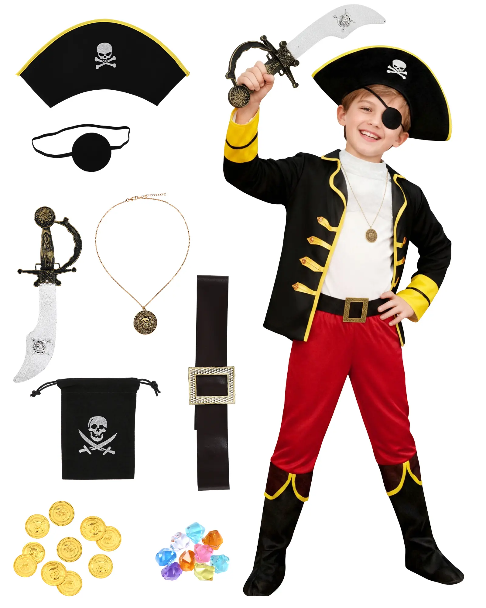 Kids Pirate Costume Set Halloween Pirate Outfit with Hat Eye Patch Sword Necklace Belt Treasure Coins Gems Bag Boys Cosplay Party Dress‑Up