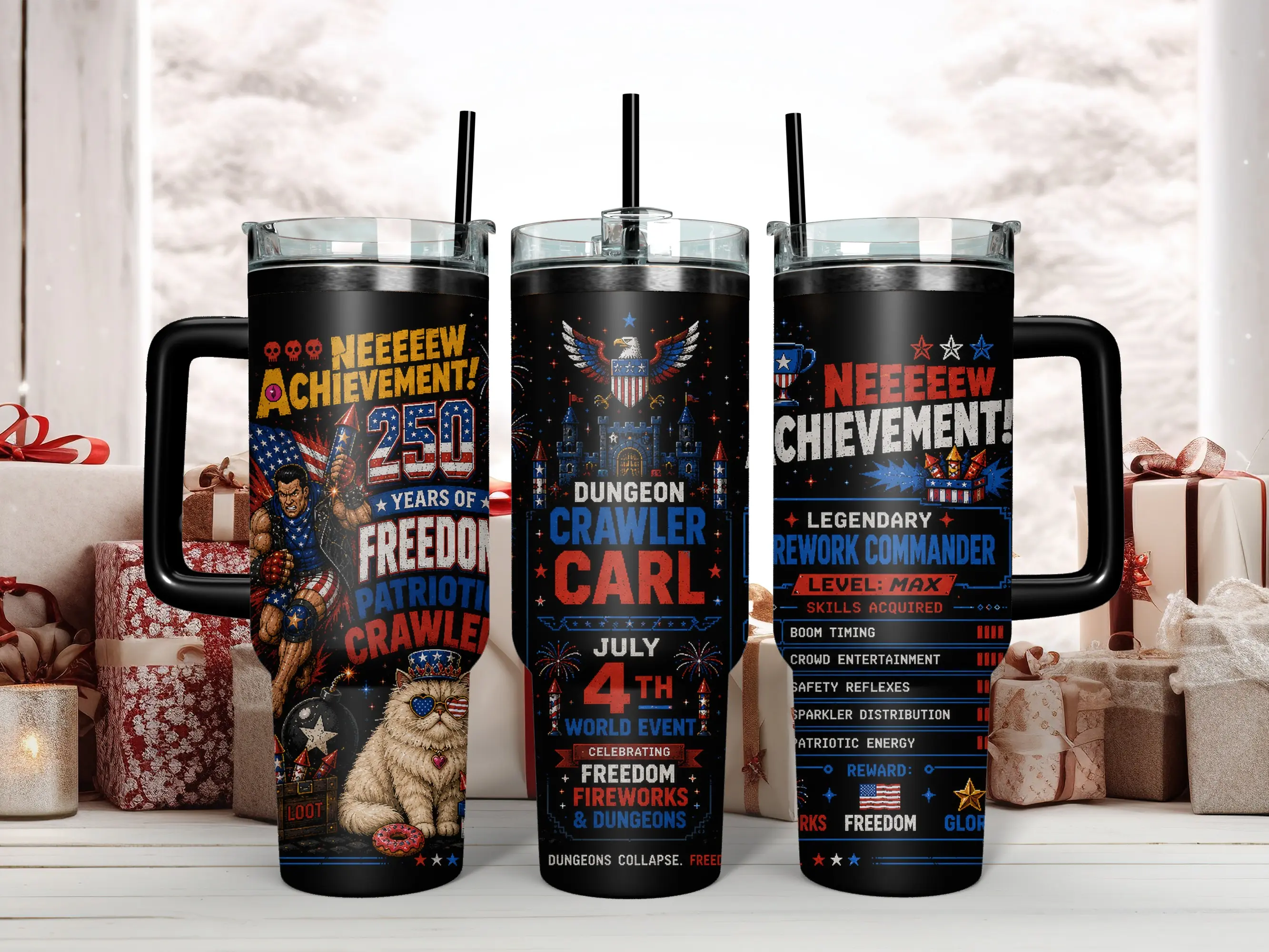 4th of julyfinds Insulated 40oz Stainless Steel Water Bottle - Dungeon Crawler Carl 'New Achievement' Legendary Firework Commander Tumbler, 1000-2000ml, BPA-Free, Phthalate-Free, Handle, Straw, Dishwasher-Safe Lid, Easy Cleaning, Portable LitRPG Book Gift