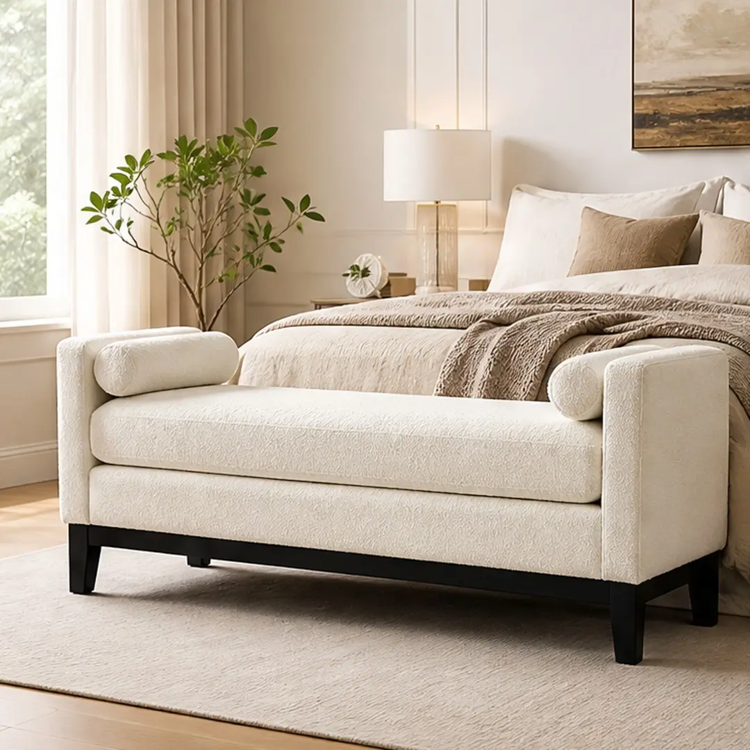 ARCH Upholstered End of Bed Bench with Arms & Bolsters, Ivory Boucle Footstool Ottoman, Wood Frame, Foam Cushion, 66.34"W, Backless Rectangular Bench for Bedroom Living Room Entryway Hallway, Ivory Color Options, Boucle Material, Color: Ivory