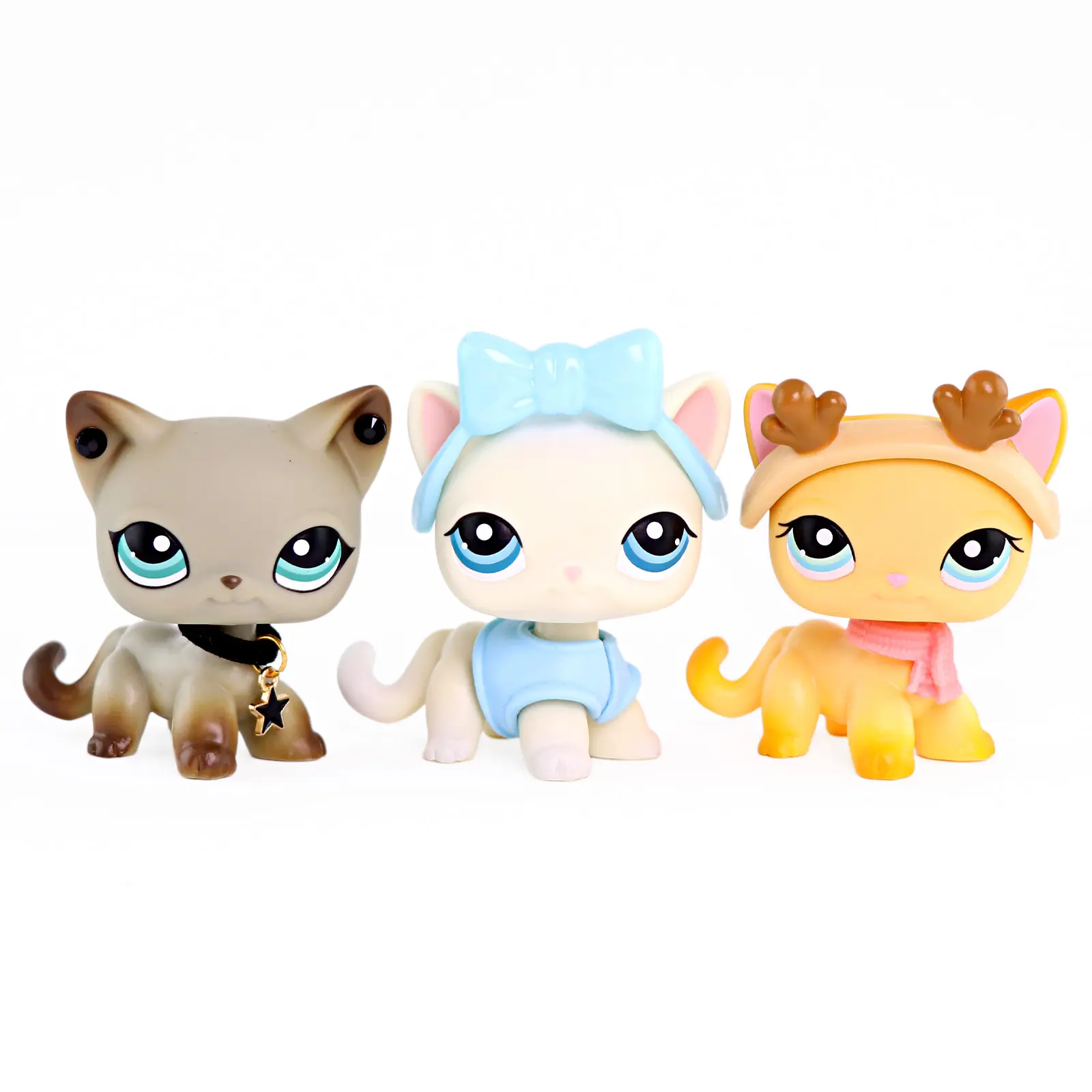 3 Pcs Mini Short Hair Kitten Figurines Set, Cute Plastic Cat Dolls with Dress Up Outfit & Holiday Reindeer Accessories, Collectible Animal Statues for Cake Topper, Pretend Play & Desktop Display