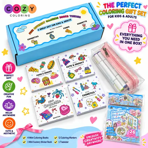 Christmas Gift Cozy Coloring BEST GIFT 4 Mini Coloring Books Bundle with 12 Markers & Stickers for Kids & Adults 3x3 Inches Pocket Size Stress Relief Creative Relaxation