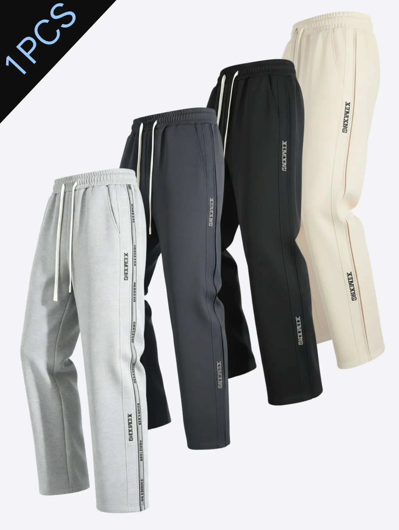 Men’s knit straight-leg casual pants with an elastic waistband and dual drawcords for adjustable waist size; side vertical lettered tape stitching for decoration; neat side seams and stitching; relaxed drape with a flat pant leg; versatile long pants for