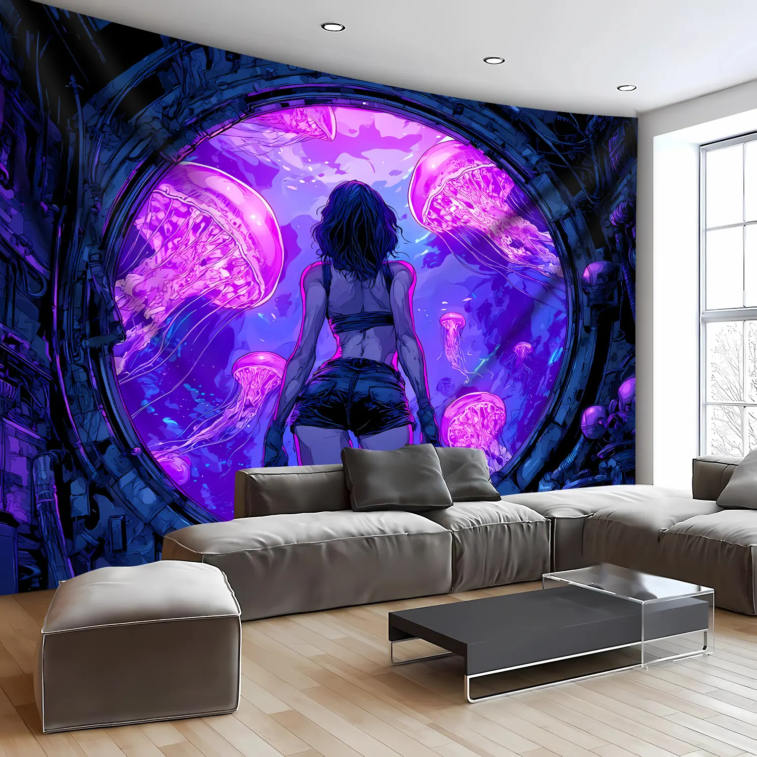 1pc Luminous Glow-in-the-Dark Neon Jellyfish Wall Tapestry - Large Fluorescent Print, Premium Polyester, Wrinkle-Resistant Peach Light Beige Texture, Hand-Stitched Edges, No-Installation Hanging Decor Accessory for Bedroom, Apartment Decorating