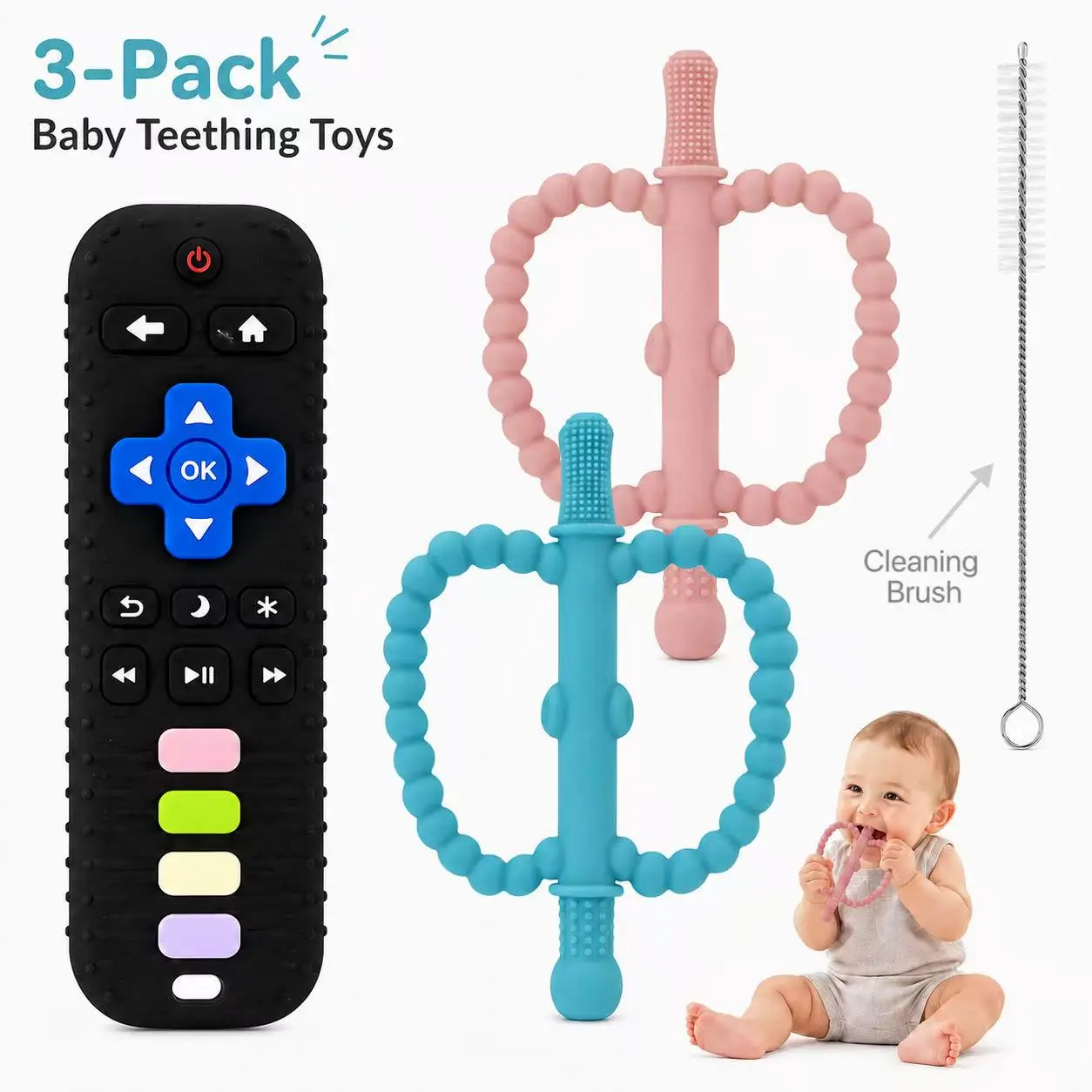 3 Pack Teething Toys for Babies 0-6 6-12Months Bpa Free Teething Sticks and Remote Teether for Babies Baby Sensory Chew Toys for Infants 0-18 Months