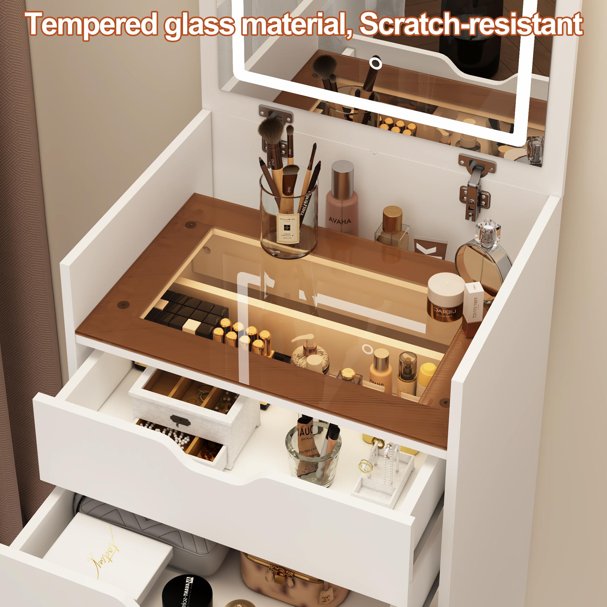 3-in-1 Lighted Makeup Vanity Set with Stool - Adjustable LED Vanity Table, 3-Color Lighting Mirror, Sliding Drawers, Hidden Storage, Space-Saving Bedroom Makeup Table with Lights, Makeup Vanity With Lights, Adjustable Vanity Set