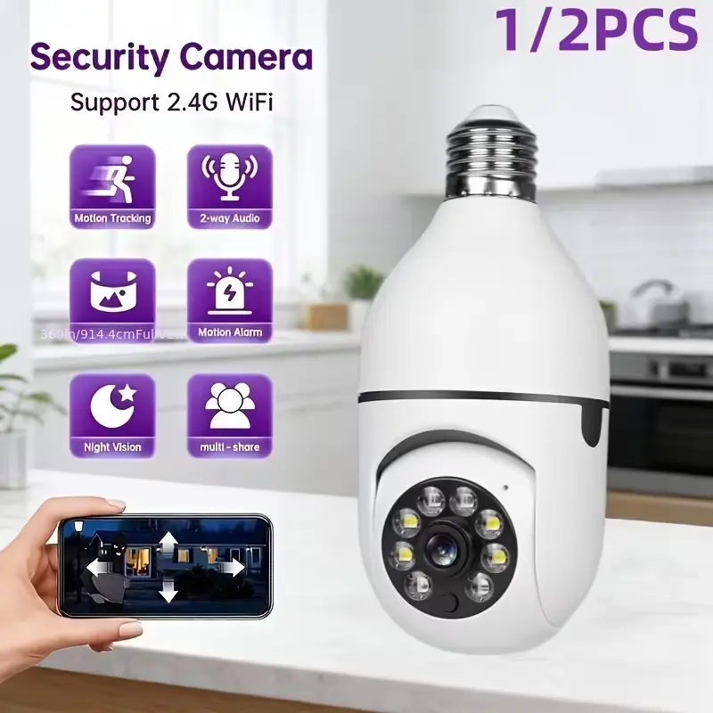 NKCCNUR 1/2 PCS 2.5K HD bulb camera, 2.4G Wi-Fi connection, intelligent mobile recognition, 355° wide-angle monitoring, voice recording, supports SD/Cloud storage, home security camera