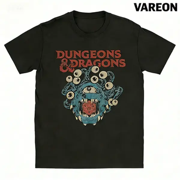 Men's Graphic T-Shirt, Vintage D&D Beholder & D20 Dice Print, Casual Soft Cotton Round Neck, Lightweight for All Seasons Tabletop RPG Gaming, Shortsleeve, Smooth, Breathable Soft, Vintage Retro, Cute, Classic, Fabric