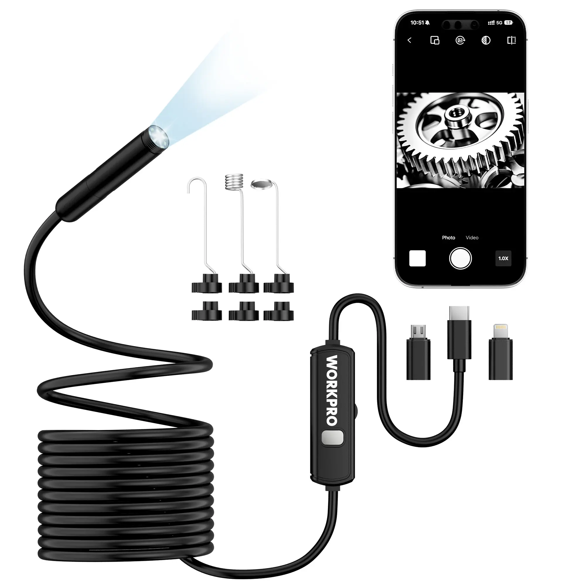 WORKPRO 16.4FT Industrial Endoscope Camera, 1920P HD Semi Rigid Snake Borescope with 8 Adjustable LED Lights, Inspection Camera for iOS and Android