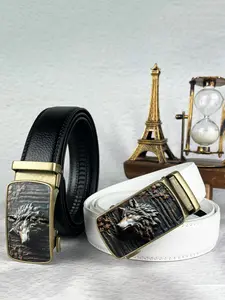Wolf head shaped printed alloy automatic buckle, retro style belt, Casual Belt, Western Style Belt, Trendy Belt, 1.38-inch wide men's ratchet adjustable belt, Halloween gift, dance party decoration belt