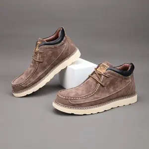 Men’s fashion Oxford derby ankle boots, casual lace-up walking shoes for boys, made from second-layer cowhide leather with a rubber sole, closed toe, brown.