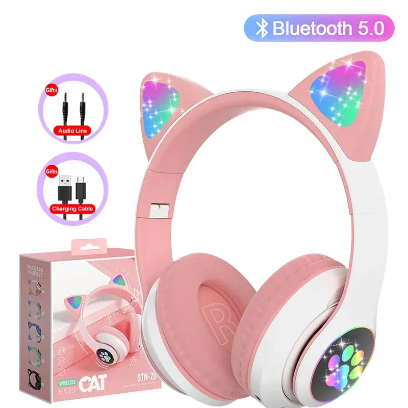 Cute Cat Ears On-Ear Foldable Bluetooth 5.0 Headphones with Mic, ANC, Adjustable Length Hinges, Cable, TF Card-MP3 Support, Rainbow Stereo Audio, Rechargeable, 20Hz-22kHz, Wired-Wireless Connection, for Kids, iOS/Android PC Devices, 2H Birthday Gift