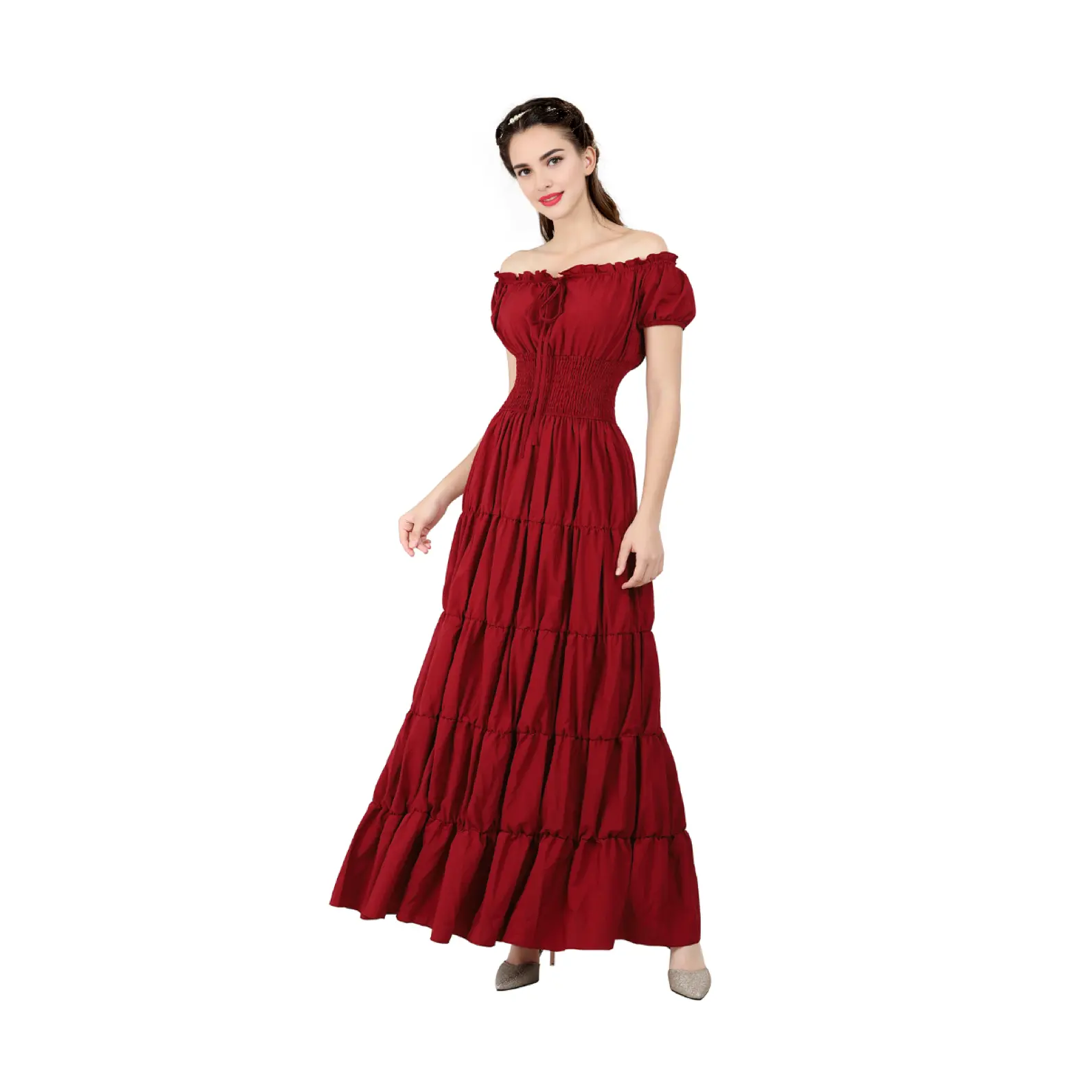 Flattering Renaissance Costume Women Medieval Irish Under Dress Retro Gown Wench Peasant Smocked Waist Long Dresses Halloween Costumes Girls Party Outfit Gothic Dress,summeroutfits,vacationoutfits,beachoutfits