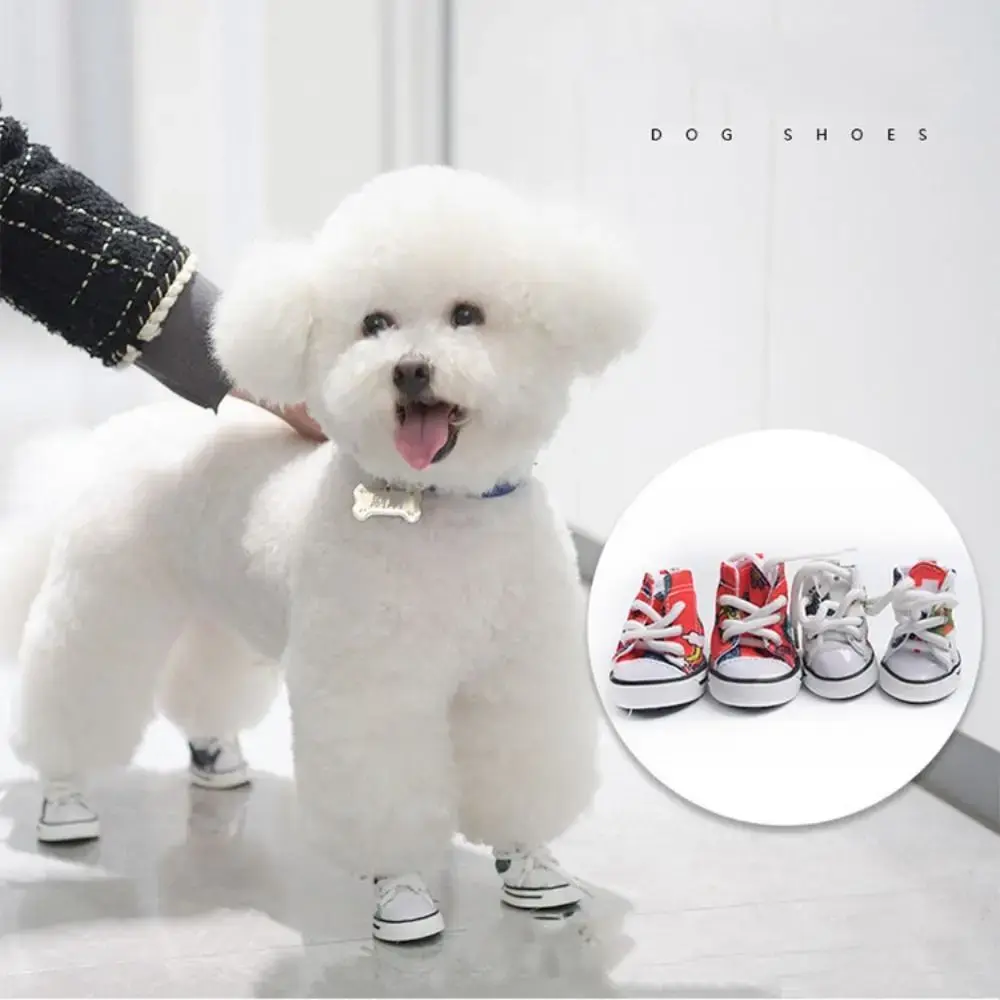 Dog Denim Canvas Shoes 4-Piece Set - Hassle-Free Dressing and Undressing Cotton Pet Footwear, Fashion-Forward Design, Non-Slip Soles, Serious Style, Durable Paw Protectors, Heat/Cold Shield for Daily Wear & Adventures, Adventure Use