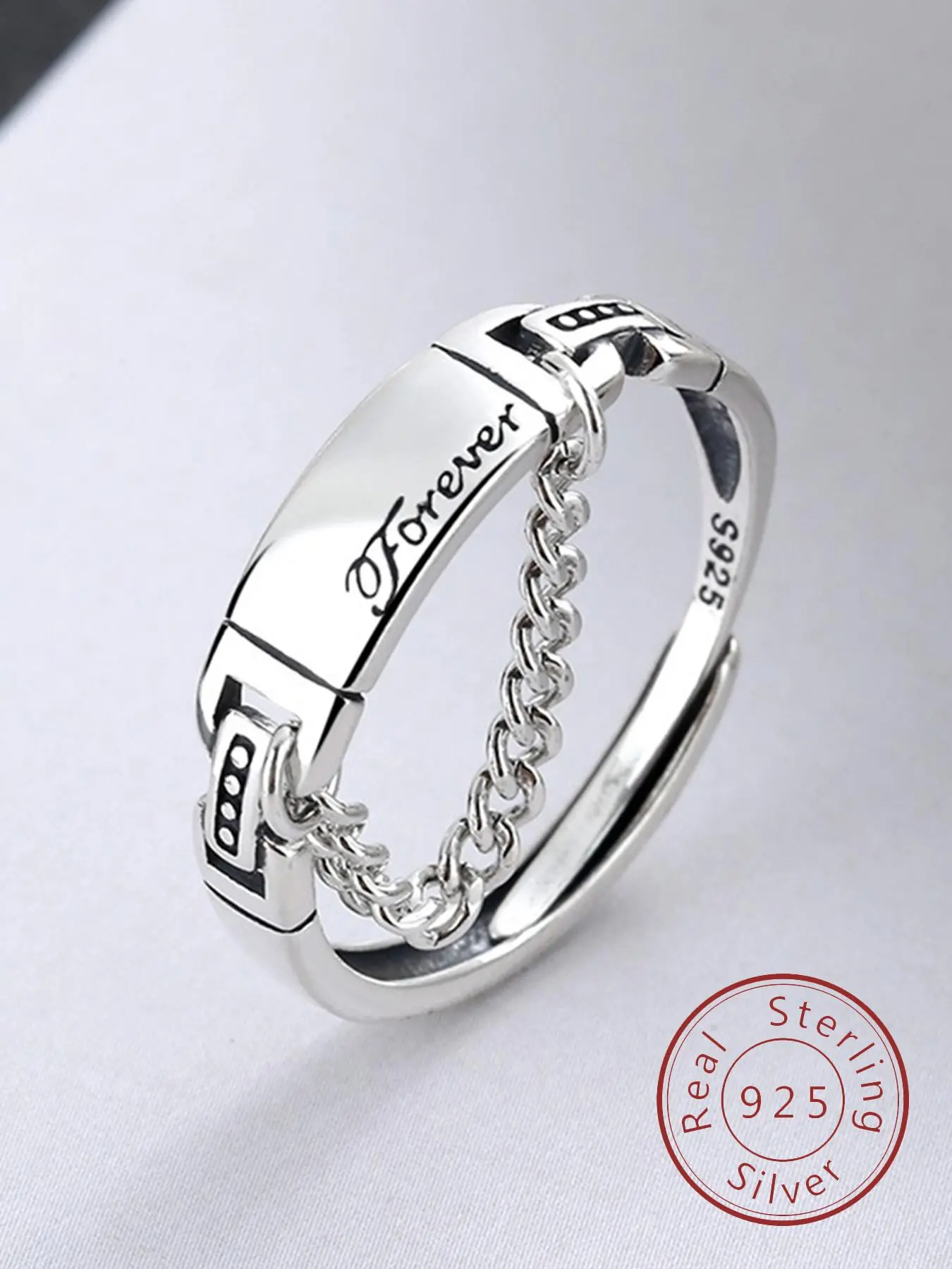 925 Sterling Silver Vintage Letter Detail Chain Decor Cuff Ring, Vintage Embossed Ring, Adjustable Open Ring, Trendy All-match & Exquisite Jewelry, Vintage Rings, Vintage Inspired Ring, Statement Rings for Birthday Gifts for Girlfriend