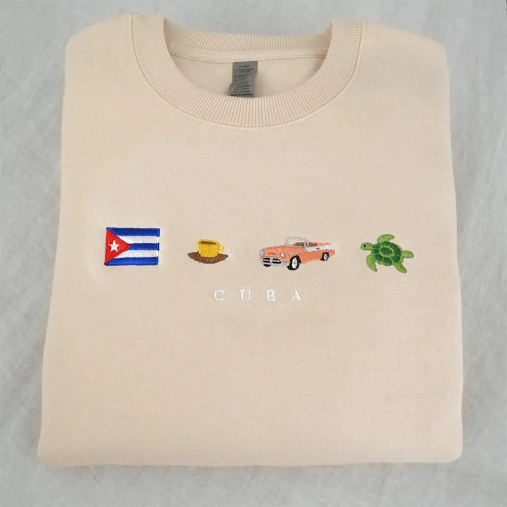 Cuba Embroidered Sweatshirt – Caribbean Island Crewneck with 50s Car, Coffee, Salsa & Sea Turtle Icons, Cozy Unisex Gift