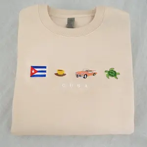 Cuba Embroidered Sweatshirt – Caribbean Island Crewneck with 50s Car, Coffee, Salsa & Sea Turtle Icons, Cozy Unisex Gift