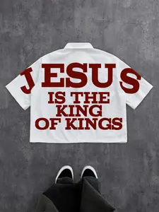 Men's Jesus Is The King Of Kings Print Short Sleeve Shirt, Regular Fit Casual Street Comfy Top for Daily Wear, Men's Clothes for All Seasons