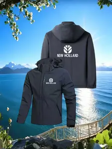 New Holland Print Jacket, Casual Hooded Jacket, Windproof Top, Loose-Fitting, Geometric Pattern, All Seasons Fashion