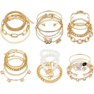 6 PACK (24 PCS) Boho Gold Chain Bracelets Set for Women, 14K Gold Plated Multiple Layered Stackable Open Cuff Wrap Bangle Adjustable Link Italian Cuban Jewelry for Women Gift