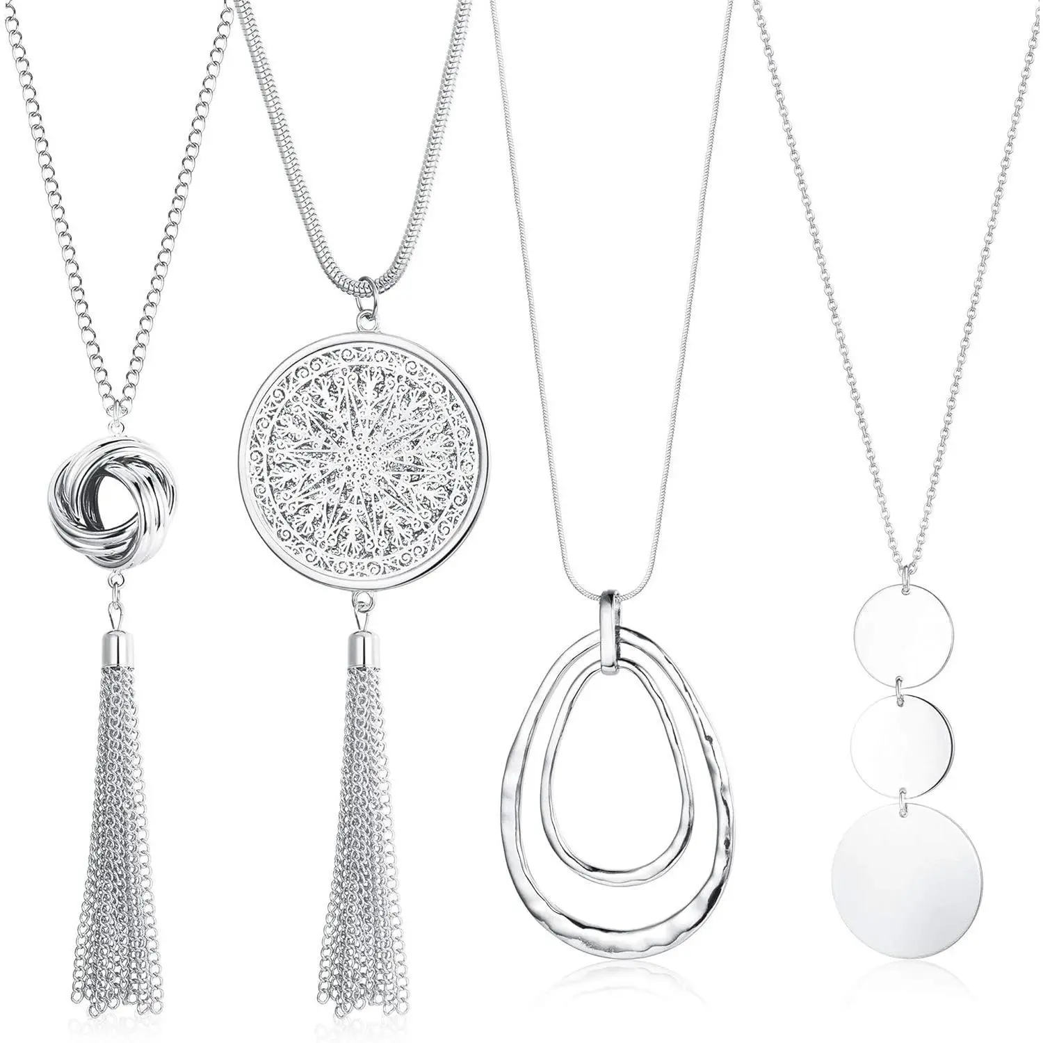 Florideco 4PCS Long Pendant Necklaces for Women Girls Disk Circle Tassel Knot Bar Necklace Strands Y Simple Necklaces Silver Daily