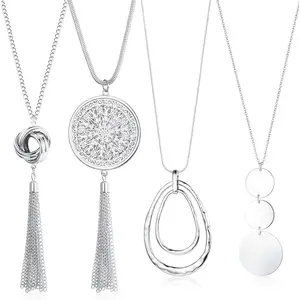 FLORIDECO Women's 4-Piece Silver-Plated Chain & Link Pendant Necklace Set - Adjustable Length, Disk, Tassels, Circle, Knot, Bar Designs, Long Pendants, Casual Wear Statement Jewelry, Four Pieces