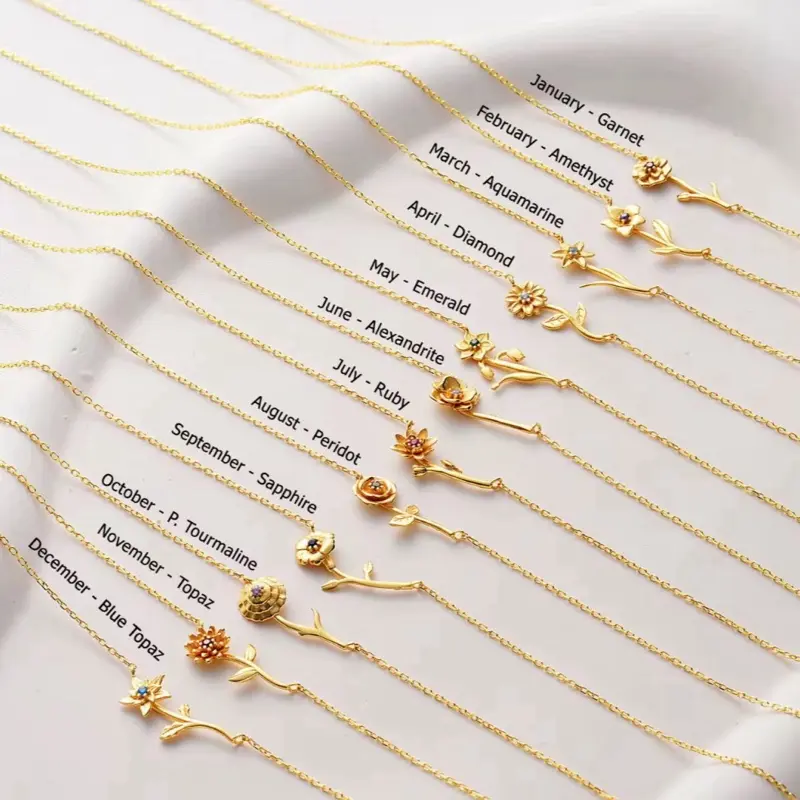 Birth Month Flower Necklace with Birthstone | Personalized Gold Floral Necklace | Meaningful Gift for Her