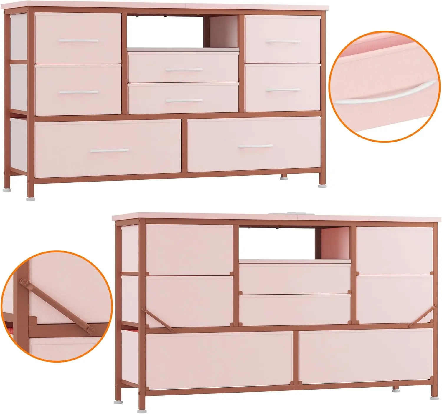 Rustic Brown 55-Inch Multi-Function Wooden Makeup Vanity Dresser & TV Stand Combo - 8 Drawers, LED Illuminated Color-Tuned Stylish Vanity, Charging Station, Anti-Tip Kit, Stylish Makeup Vanities, Illuminated Makeup Vanities