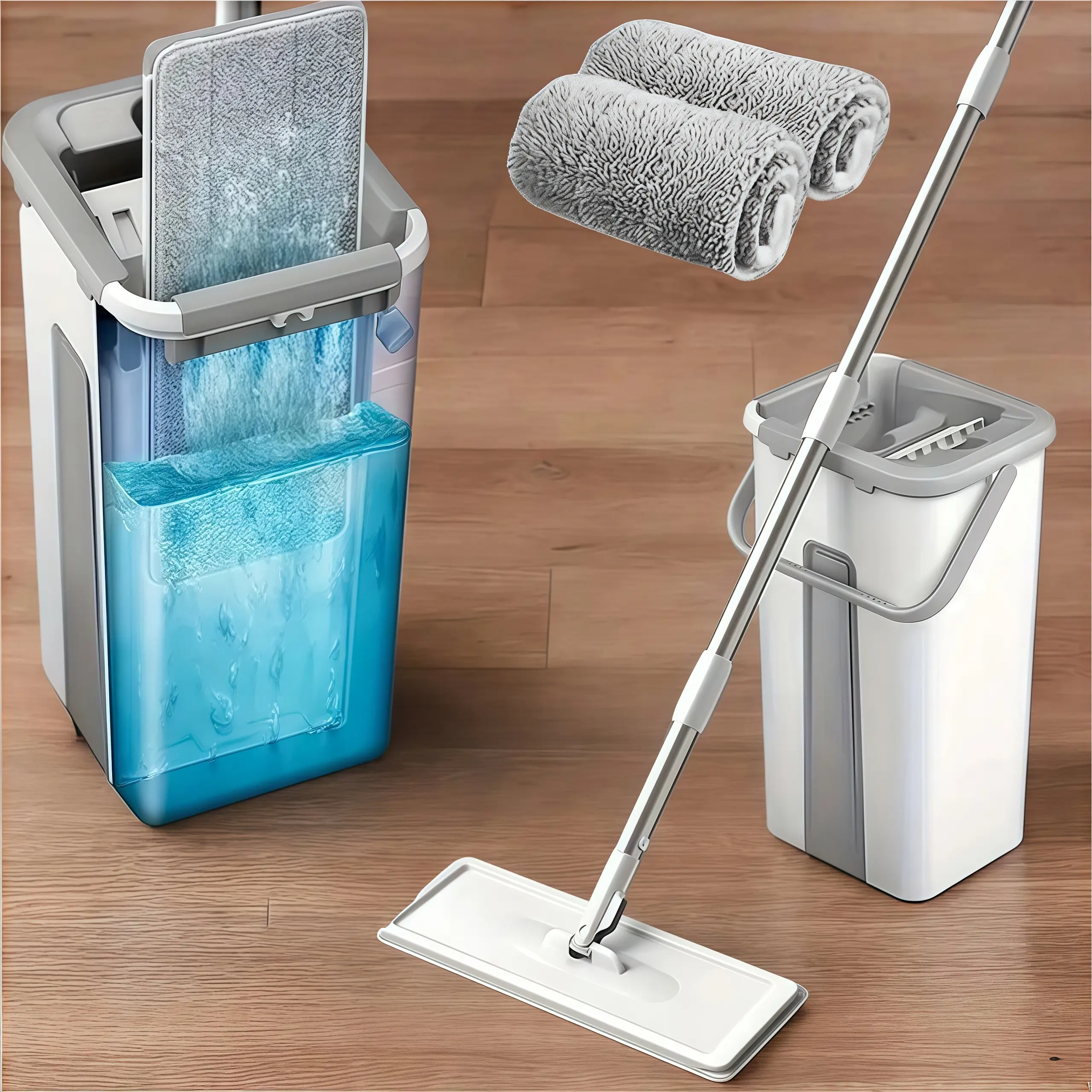 Mop and bucket set with wringer, with 2 reusable microfiber pads with 360° flexible rotation, hands-free flat mop and bucket with long handle for floor cleaning and wall cleaning
