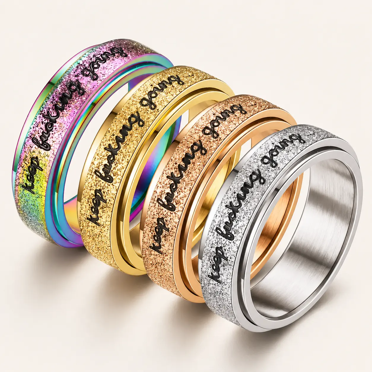 Multicolor Silver Stainless Steel Fidget Spinner Ring - Engraved with "Keep Going" Letters, Inspirational Graduation Fashion Jewelry Gift, Accessories for Women, Boyfriend Present, Rainbow