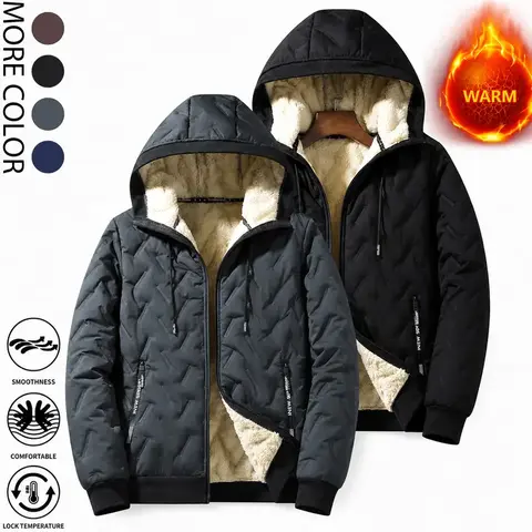 2026 New Arrival Menswear Ultrasonic Quilted Hooded Fleece-Lined Cotton Coat - Casual, Minimalist, Plain Plus-Size Tops, Thick Warm Cold-Resistant Winter Outdoor Thermal Outerwear