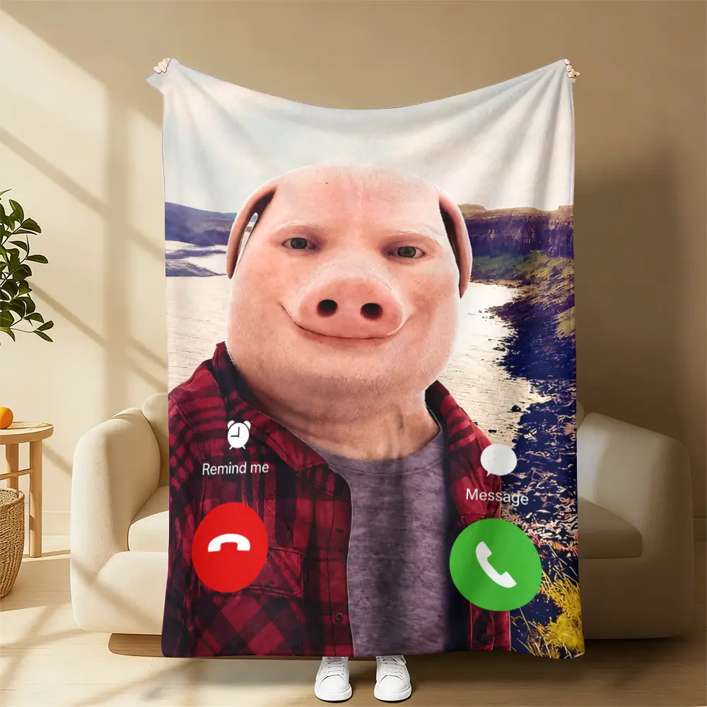 John Pork Incoming Call Meme Print Fleece Throw Blanket, Viral Creepy Pig Face Phone Call Design Soft Plush Blanket For Sofa Bed Daily Use, Funny Internet Meme Home Decor Blanket, Unique Novelty Birthday Holiday Gift For Meme Fans