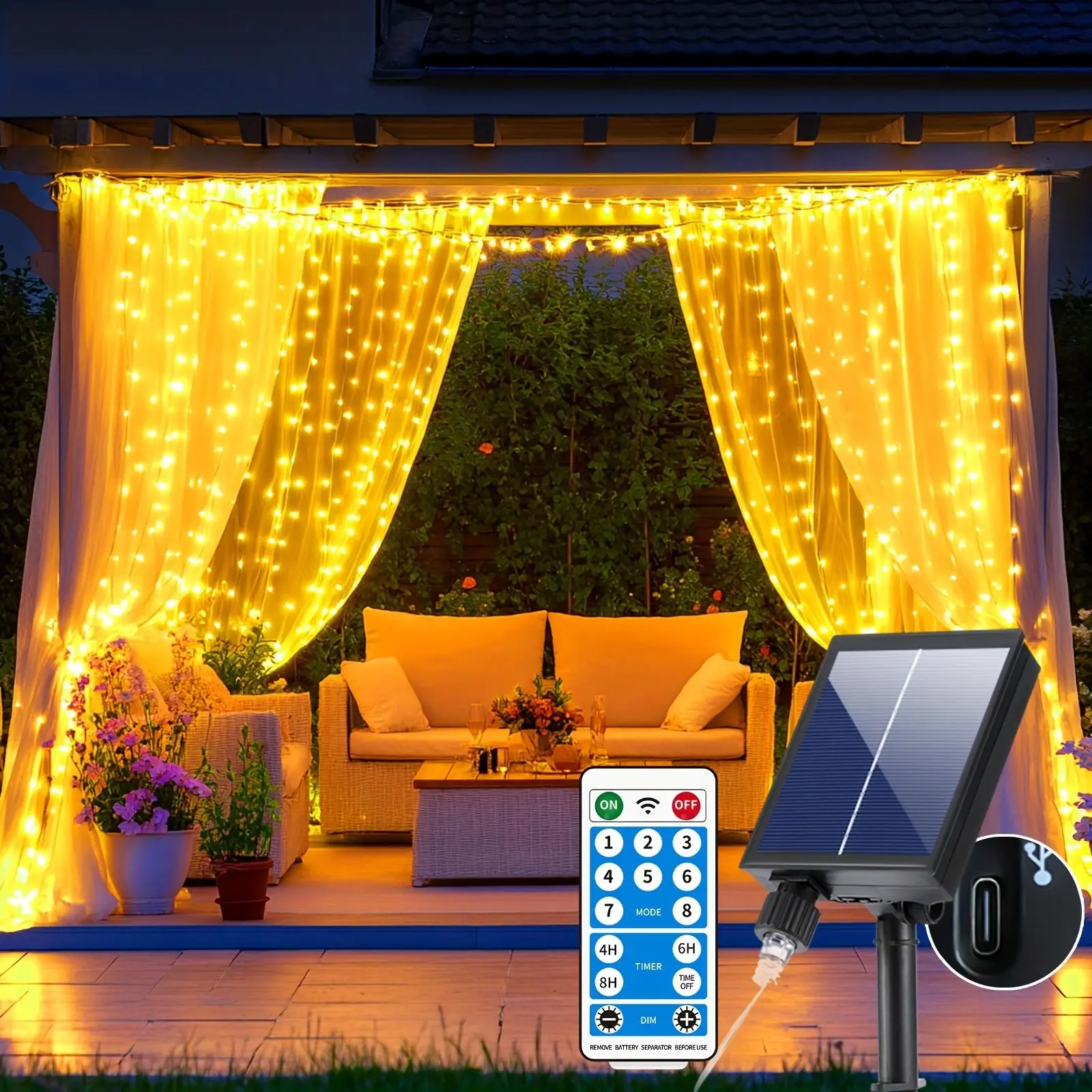 2026 Solar Curtain Lights Outdoor Waterproof 10 * 10Ft 330LED Waterfall Light with 8 Modes Remote Rechargeable Dimmable Hanging Twinkle Fairy String Lights for Outside Christmas Gazebo Party Wedding