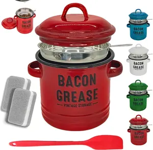 2026 New 46 oz Bacon Grease Container with Strainer and Food-Grade Silicone Spatula, Bacon Grease Saver with Strainer for Kitchen, Vintage Storage for Storage, Filter & Cooking (Red)
