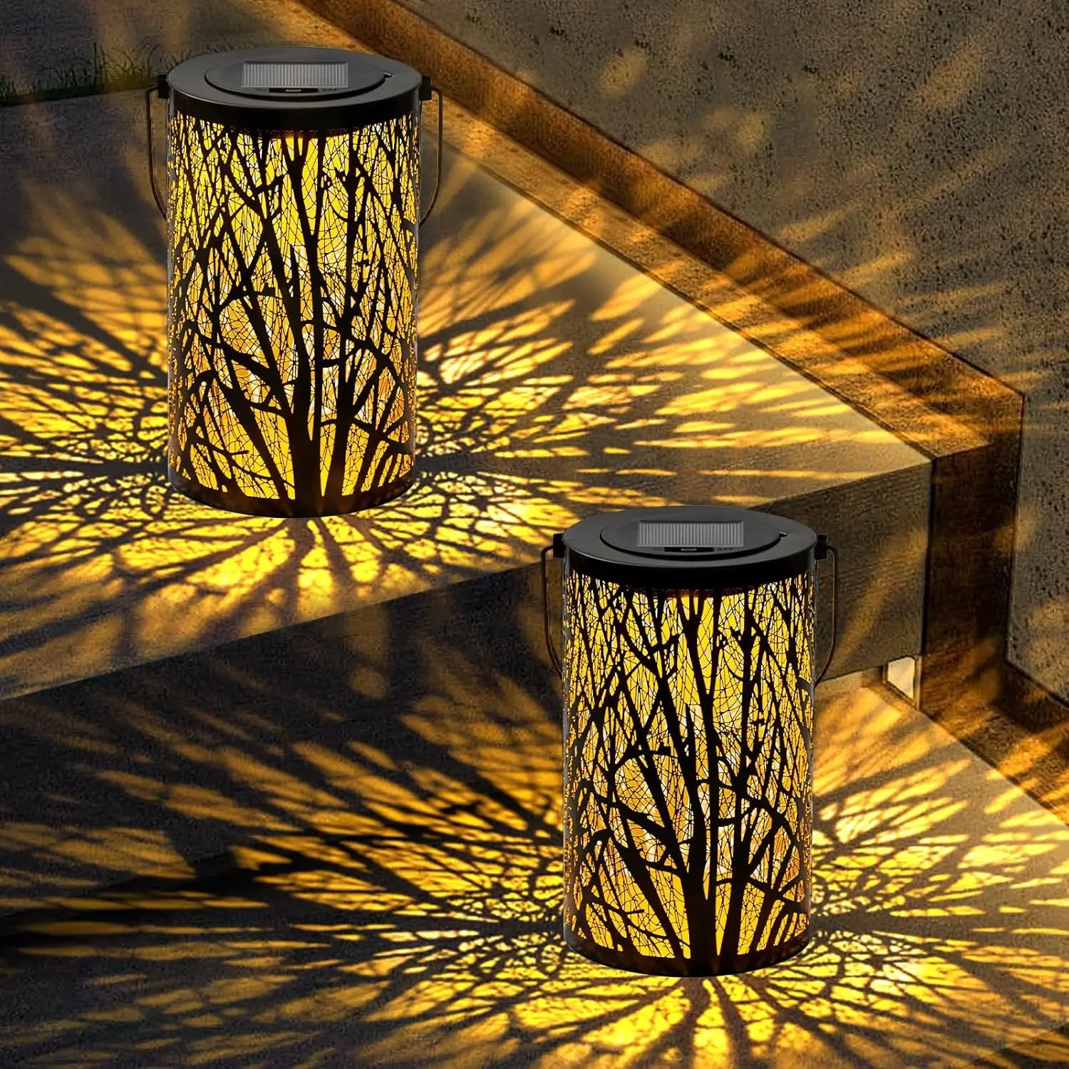Large Solar Lanterns Outdoor , 2 Pack Hanging Solar Lanterns, LED Tree Outdoor Lantern for Metal,  Lantern for Patio Porch Pathway Garden Decor