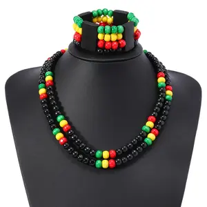 Bohemian Double-layer Colorful Beads Necklace & Bracelet Set, Retro Red Yellow Green Round Wood Bead Ethnic Necklace Multi-layer Bracelet Women Men Handmade Beaded Jewelry Set