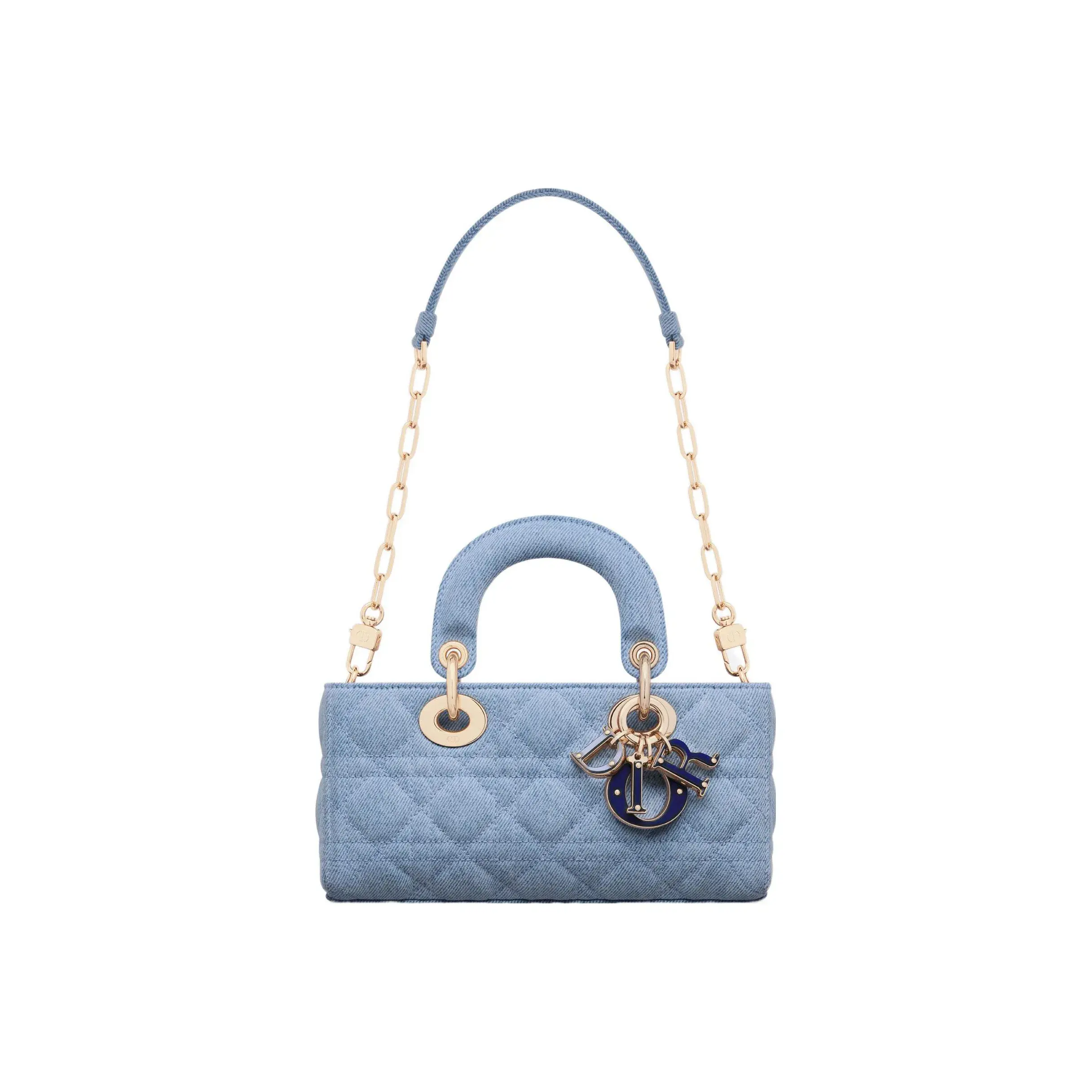 Pre-owned Dior Cannage Quilted Denim Shoulder Bags Christian Lady D Joy Small Horizontal Tote Bag In Light Blue With Gold Tone Hardware
