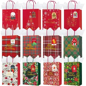 24 Pack 9" Small Size Merry Christmas  Bags Bulk with Handles for Xmas  Red&Green Holiday Presents Cute Paper Wrapping Bags with Tissue Paper and Tags for